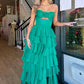 Strapless 3D Rose Accent Waist Cutout Tiered Ruffled Chiffon A-Line Floor Length Prom Evening Gown