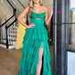 Strapless 3D Rose Accent Waist Cutout Tiered Ruffled Chiffon A-Line Floor Length Prom Evening Gown