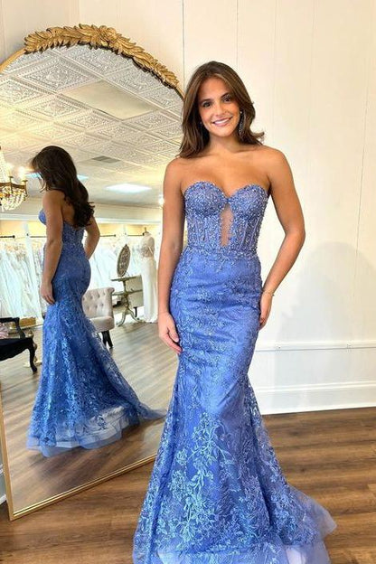 Strapless Sweetheart Keyhole Cutout Allover Floral Lace Sequin Boned Corset Mermaid Sweep Train Prom Evening Gown