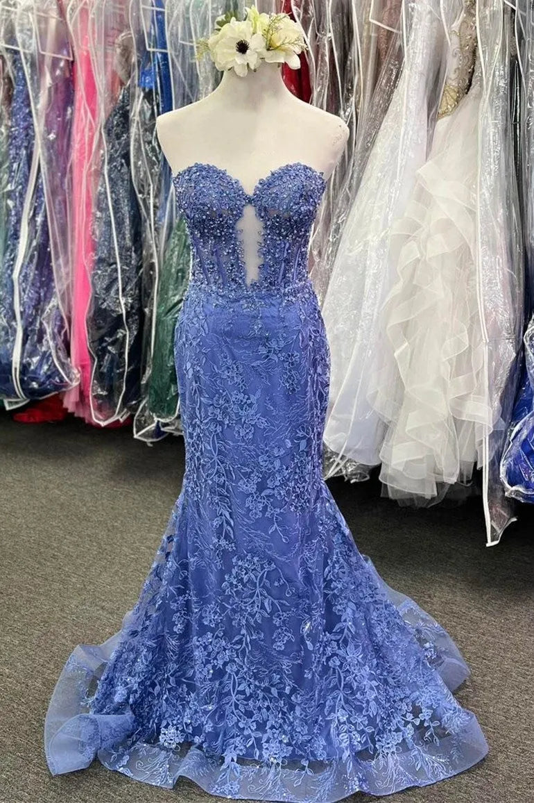 Strapless Sweetheart Keyhole Cutout Allover Floral Lace Sequin Boned Corset Mermaid Sweep Train Prom Evening Gown