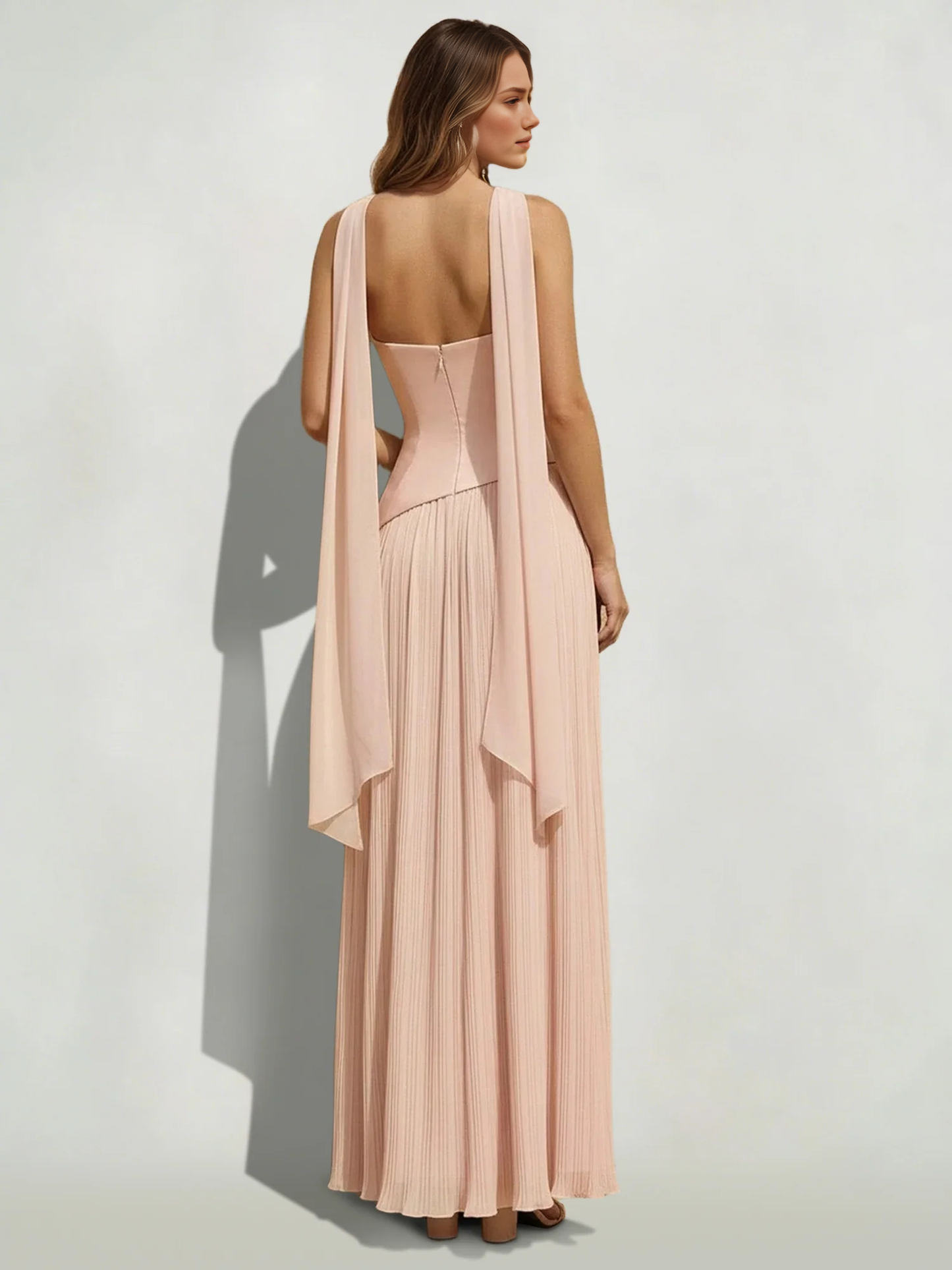 Stunning A-Line Strapless Sleeveless Satin-Chiffon Pleated Scarf-Detail Evening Dress