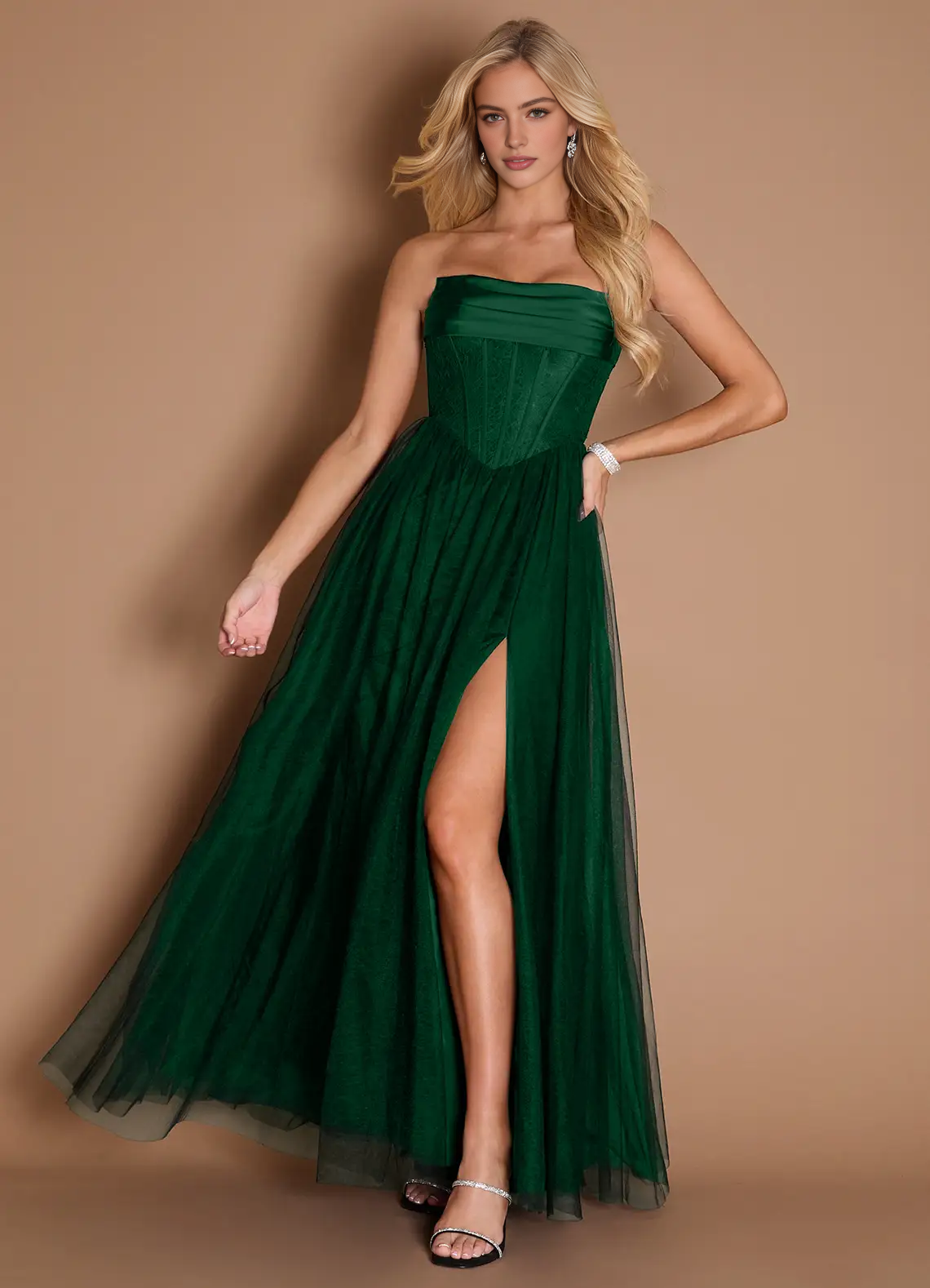 Stunning A-Line Strapless Sleeveless Satin-Tulle Floor-Length Corset-Back Formal Prom Dress