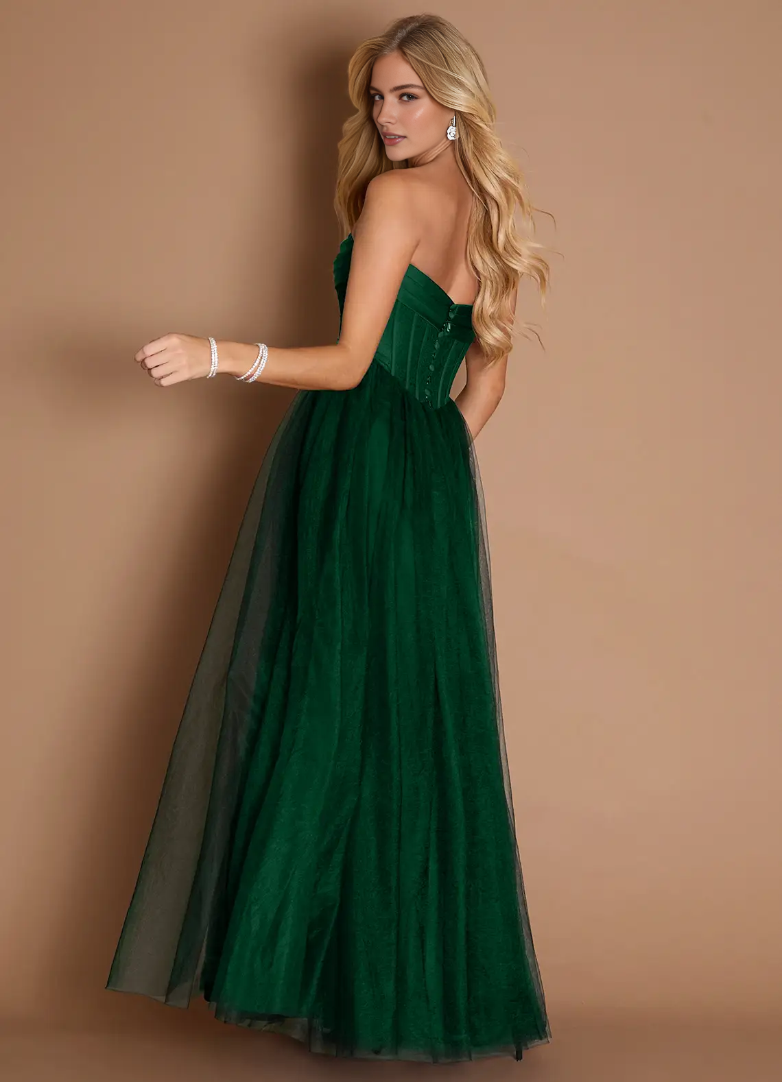 Stunning A-Line Strapless Sleeveless Satin-Tulle Floor-Length Corset-Back Formal Prom Dress
