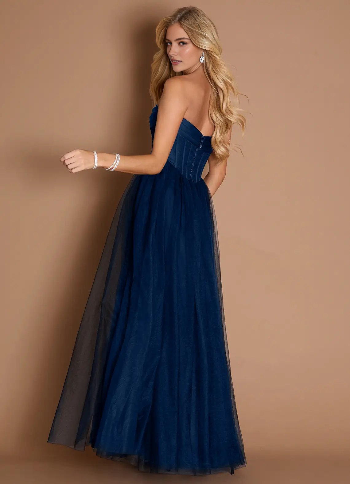Stunning A-Line Strapless Sleeveless Satin-Tulle Floor-Length Corset-Back Formal Prom Dress