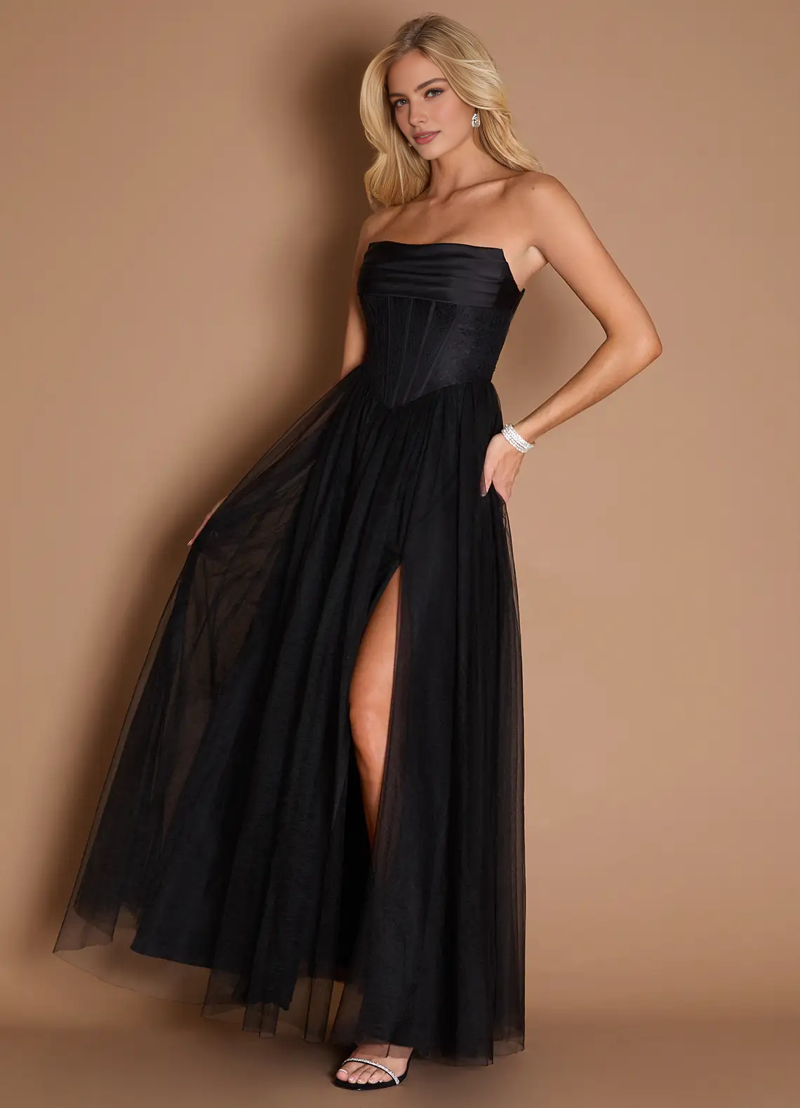 Stunning A-Line Strapless Sleeveless Satin-Tulle Floor-Length Corset-Back Formal Prom Dress