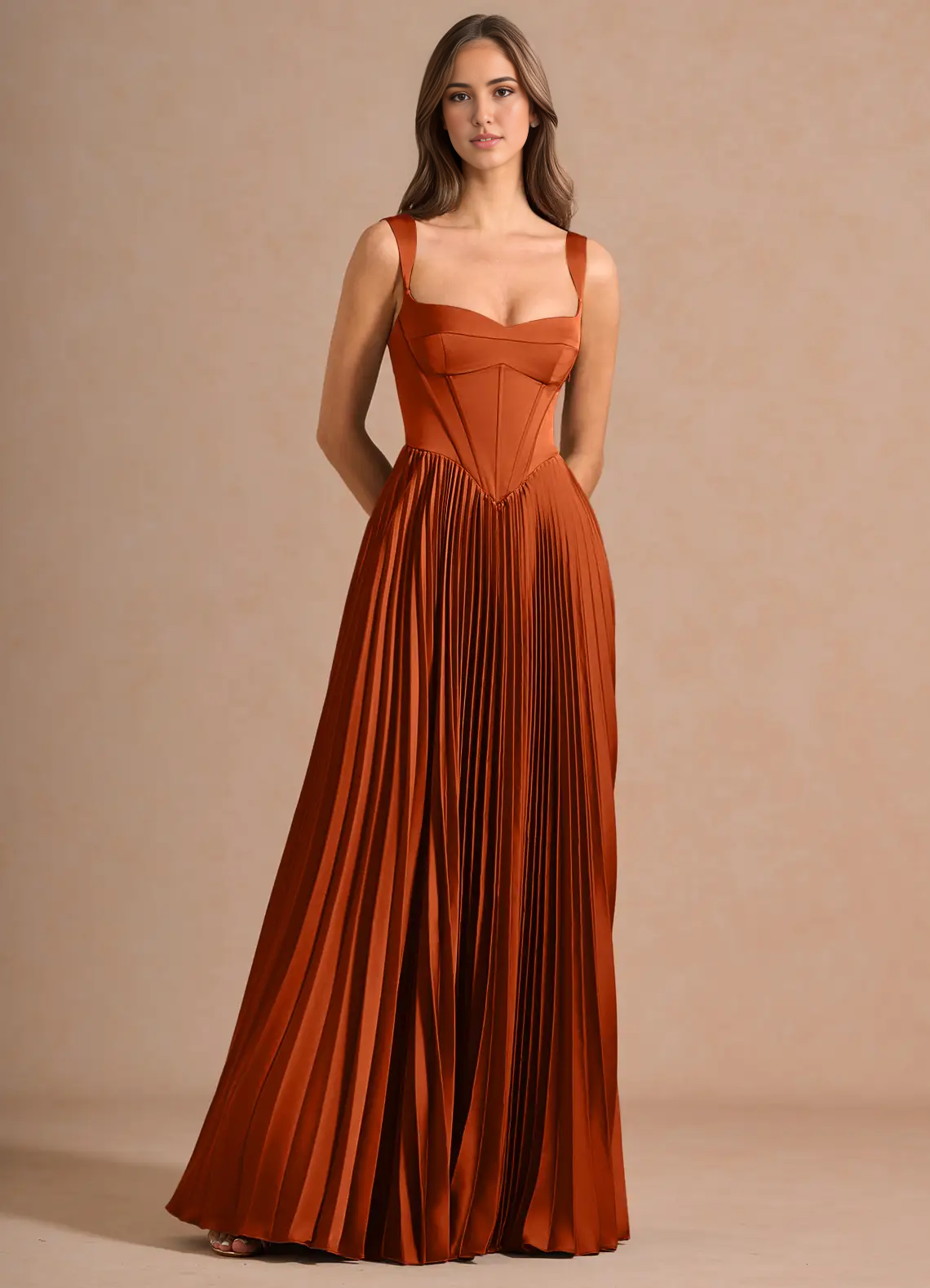 Stunning A-Line Sweetheart Sleeveless Satin Floor-Length Pleated Corset-Back Wedding Guest Dress