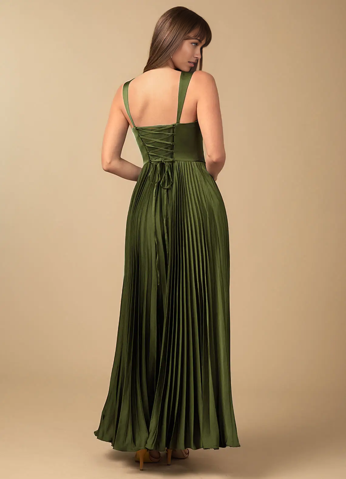 Stunning A-Line Sweetheart Sleeveless Satin Floor-Length Pleated Corset-Back Wedding Guest Dress