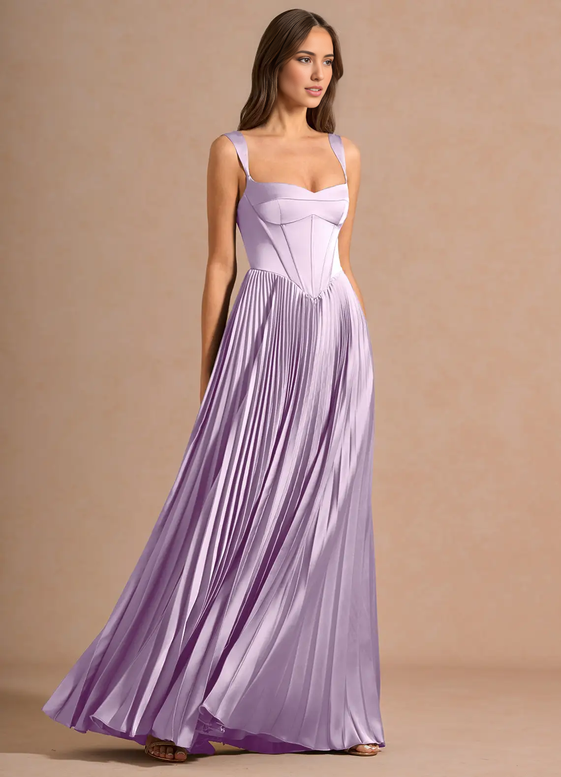 Stunning A-Line Sweetheart Sleeveless Satin Floor-Length Pleated Corset-Back Wedding Guest Dress