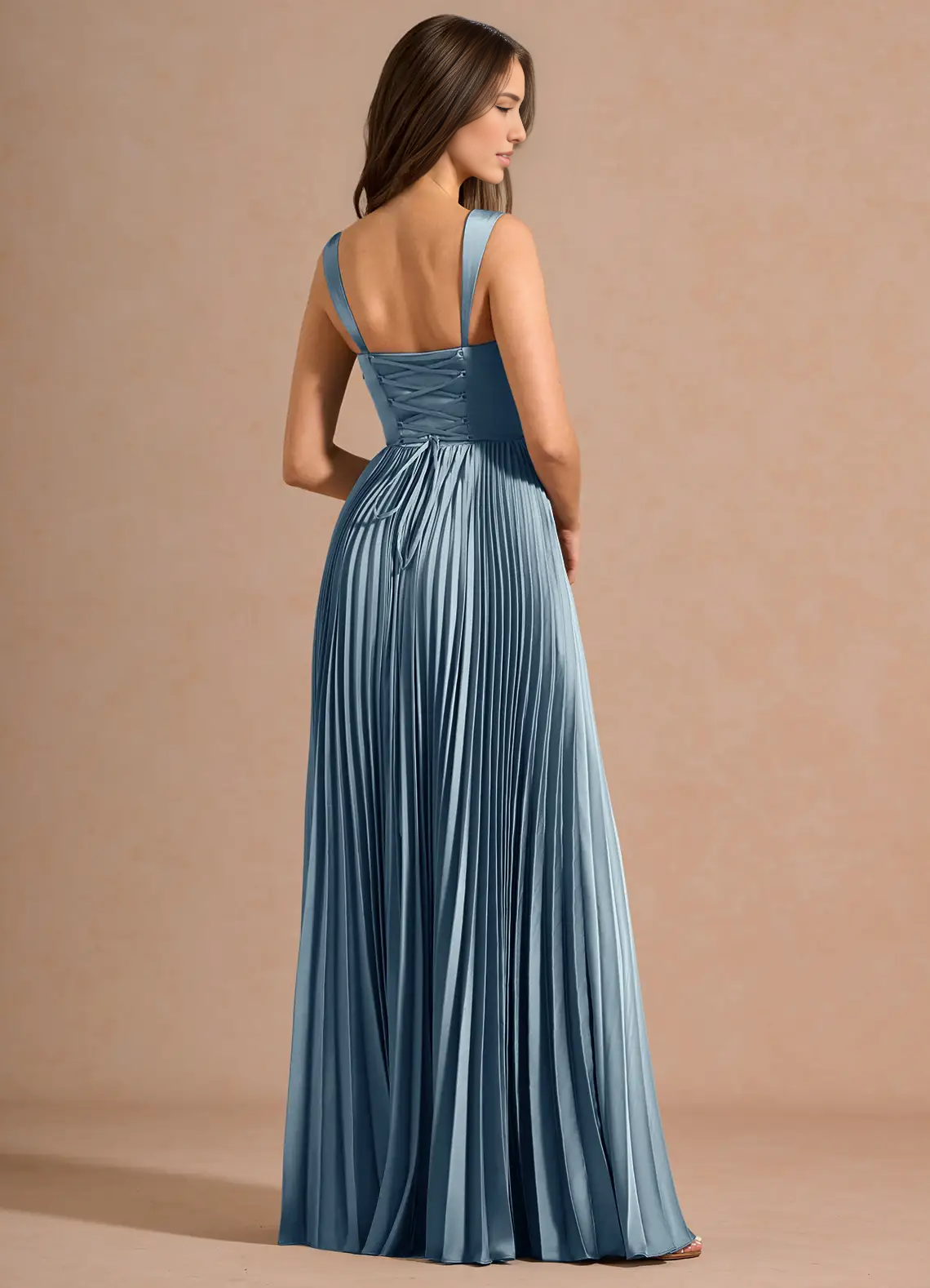 Stunning A-Line Sweetheart Sleeveless Satin Floor-Length Pleated Corset-Back Wedding Guest Dress