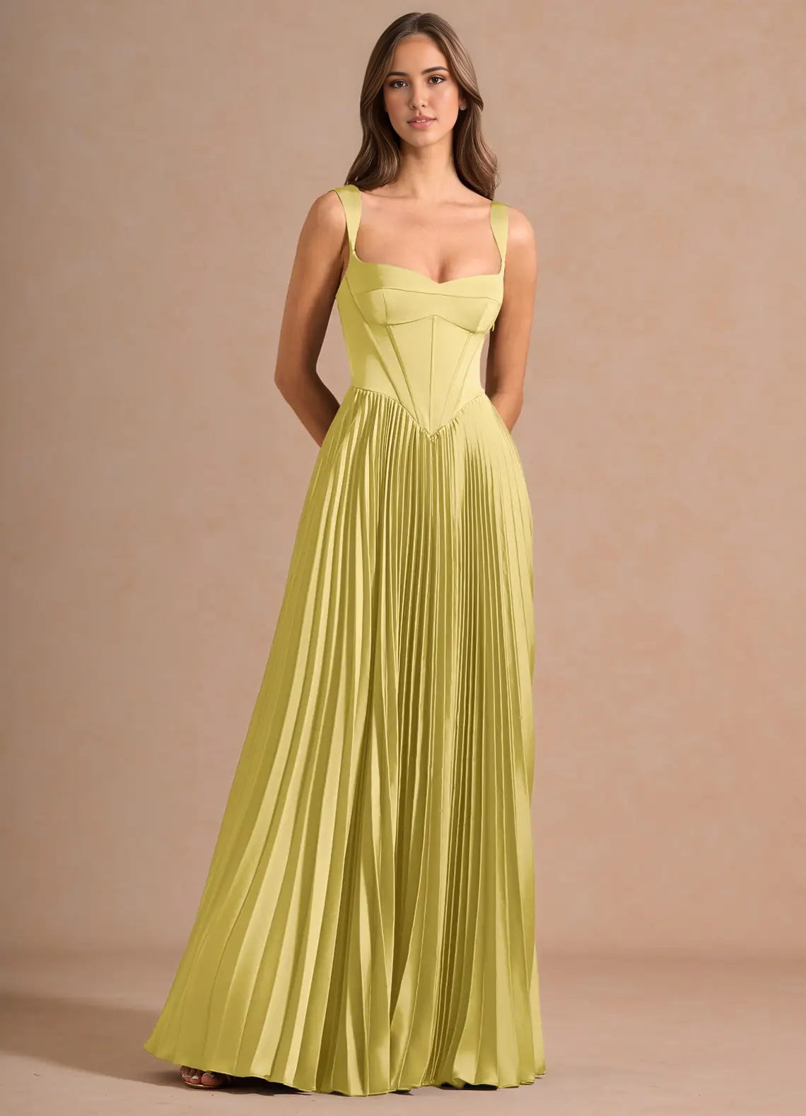 Stunning A-Line Sweetheart Sleeveless Satin Floor-Length Pleated Corset-Back Wedding Guest Dress