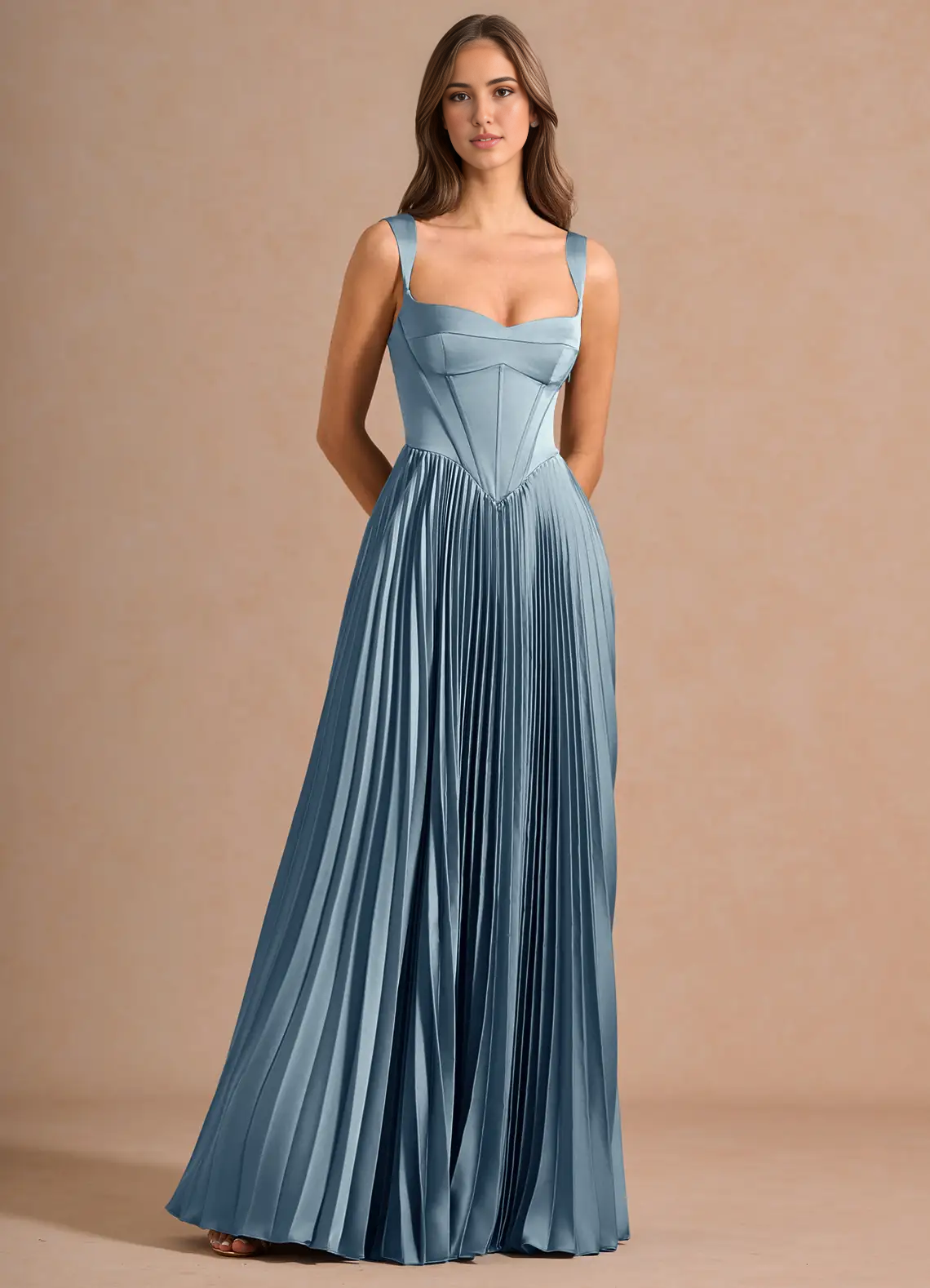 Stunning A-Line Sweetheart Sleeveless Satin Floor-Length Pleated Corset-Back Wedding Guest Dress