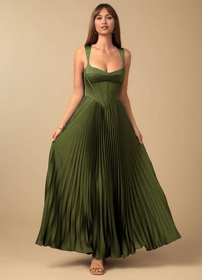 Stunning A-Line Sweetheart Sleeveless Satin Floor-Length Pleated Corset-Back Wedding Guest Dress
