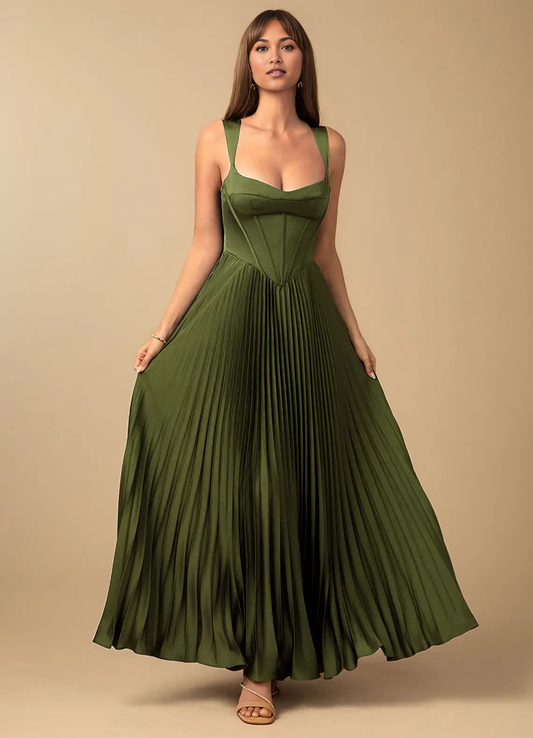 Stunning A-Line Sweetheart Sleeveless Satin Floor-Length Pleated Corset-Back Wedding Guest Dress