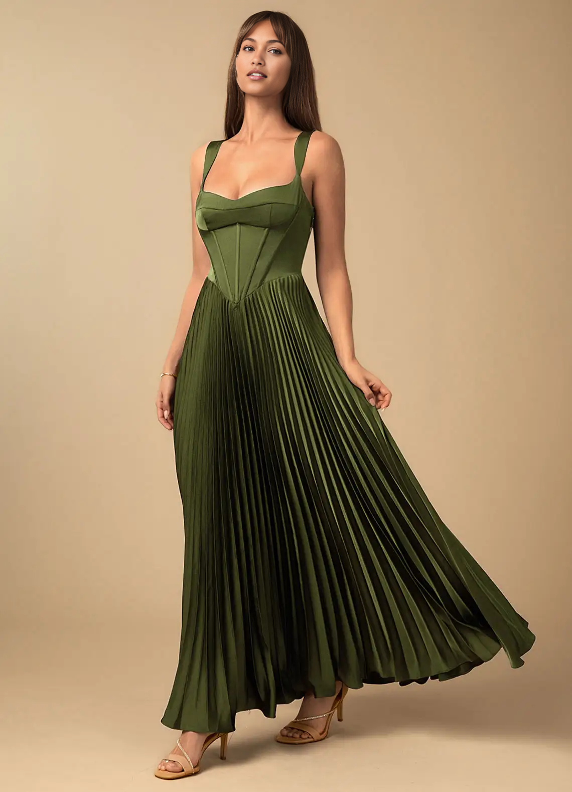 Stunning A-Line Sweetheart Sleeveless Satin Floor-Length Pleated Corset-Back Wedding Guest Dress