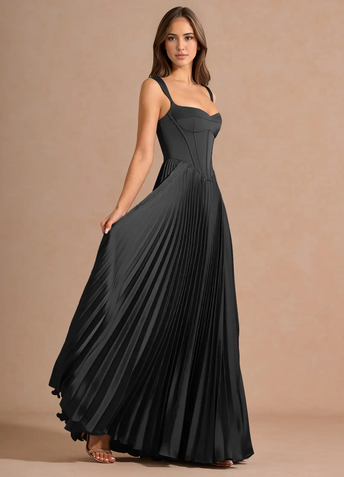 Stunning A-Line Sweetheart Sleeveless Satin Floor-Length Pleated Corset-Back Wedding Guest Dress