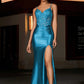 Stunning Mermaid Sweetheart Spaghetti-Strap Satin Floor-Length Corset Slit Prom Dress