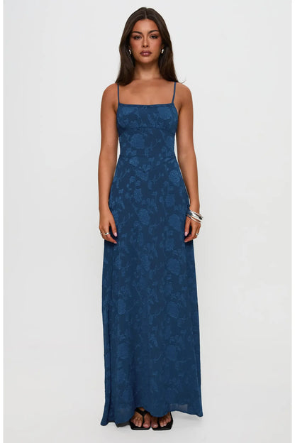 Textured Maxi Square Thin Strap Lace Up Back Prom Dress