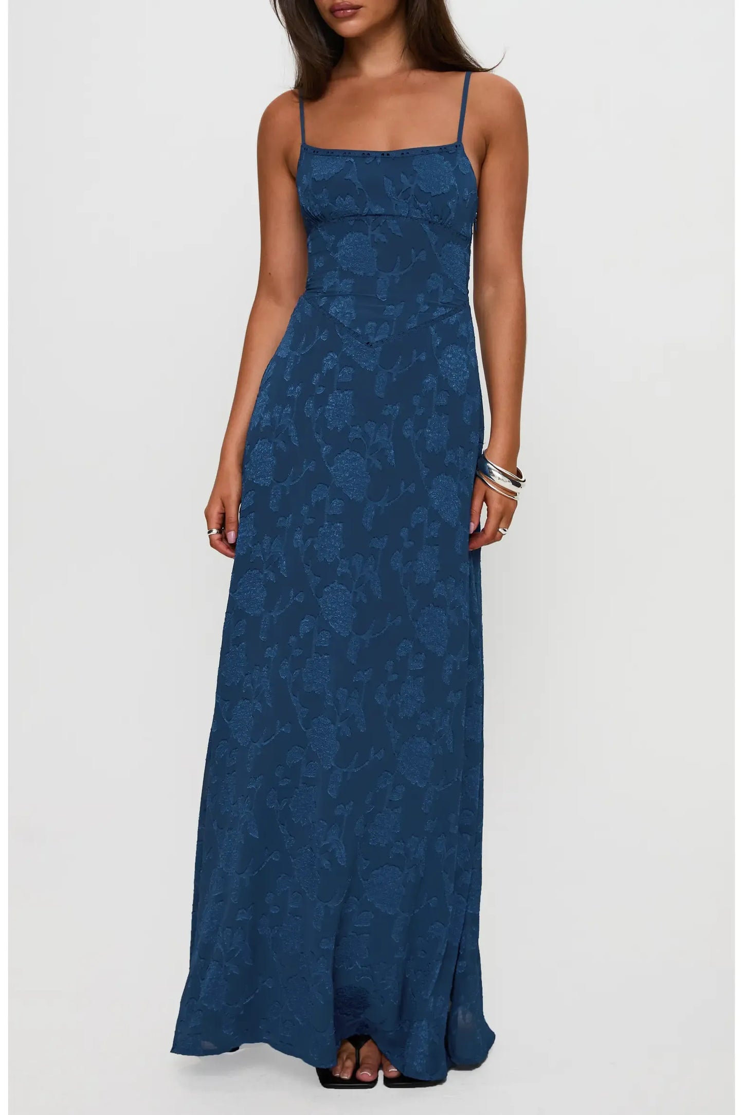 Textured Maxi Square Thin Strap Lace Up Back Prom Dress