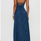 Textured Maxi Square Thin Strap Lace Up Back Prom Dress