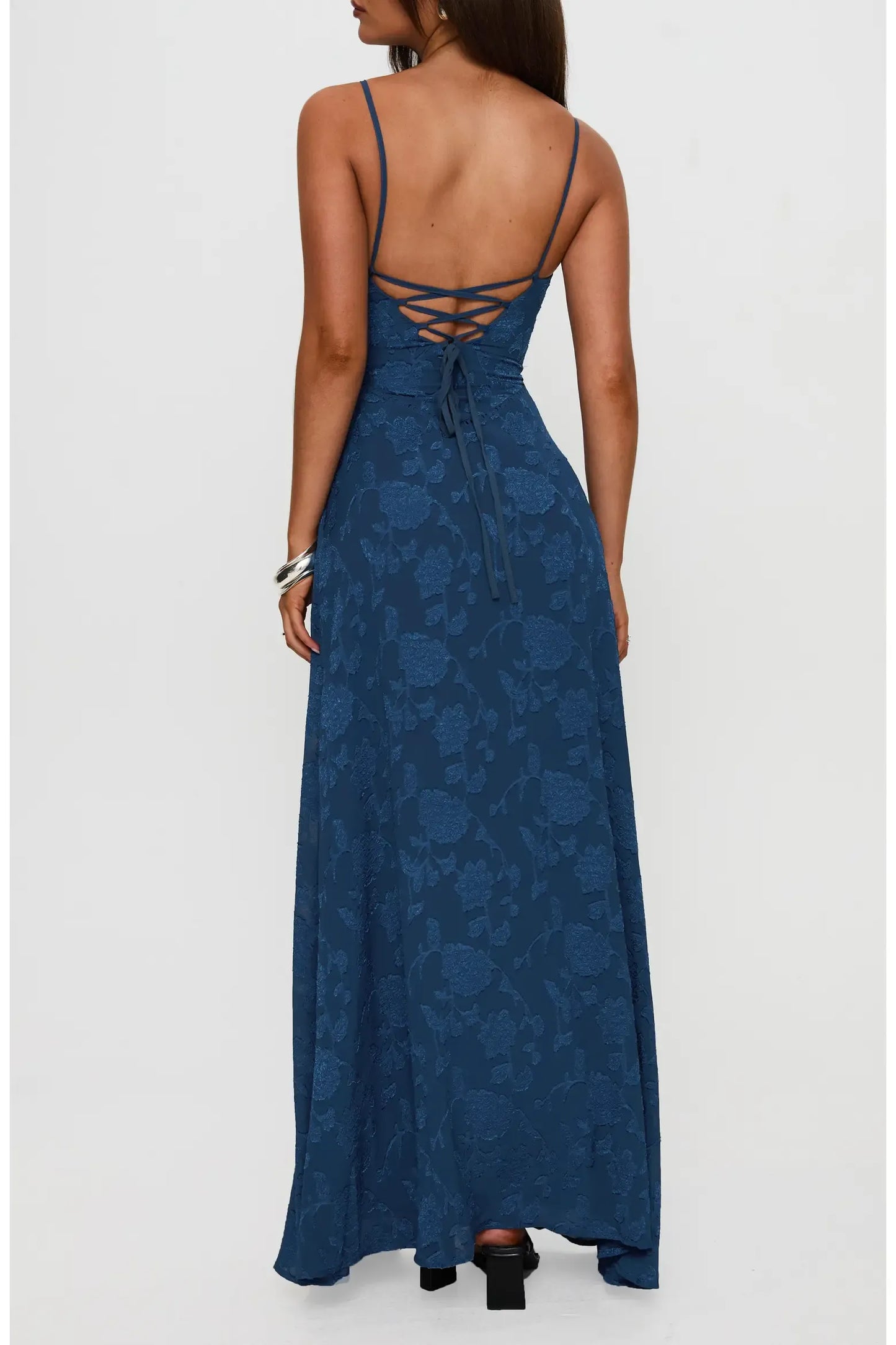 Textured Maxi Square Thin Strap Lace Up Back Prom Dress