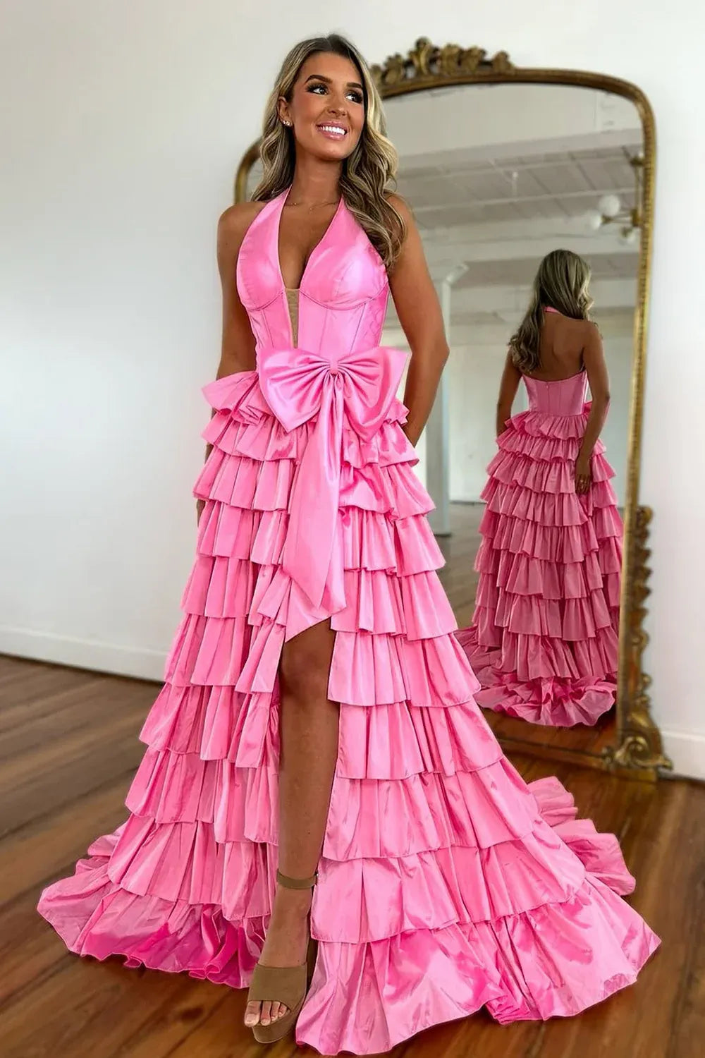 Tiered Ruffle Maxi Halter Corset Oversized Bow Slit Train Prom Gown