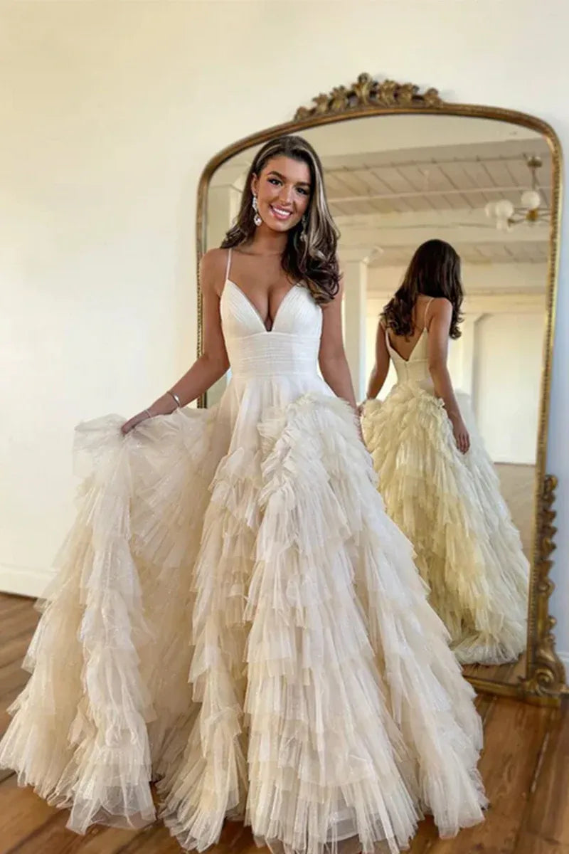Tiered Ruffled Ball Gown Deep V Neck Spaghetti Strap Glitter Tulle Open Back Floor Length Prom Evening Gown
