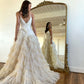 Tiered Ruffled Ball Gown Deep V Neck Spaghetti Strap Glitter Tulle Open Back Floor Length Prom Evening Gown