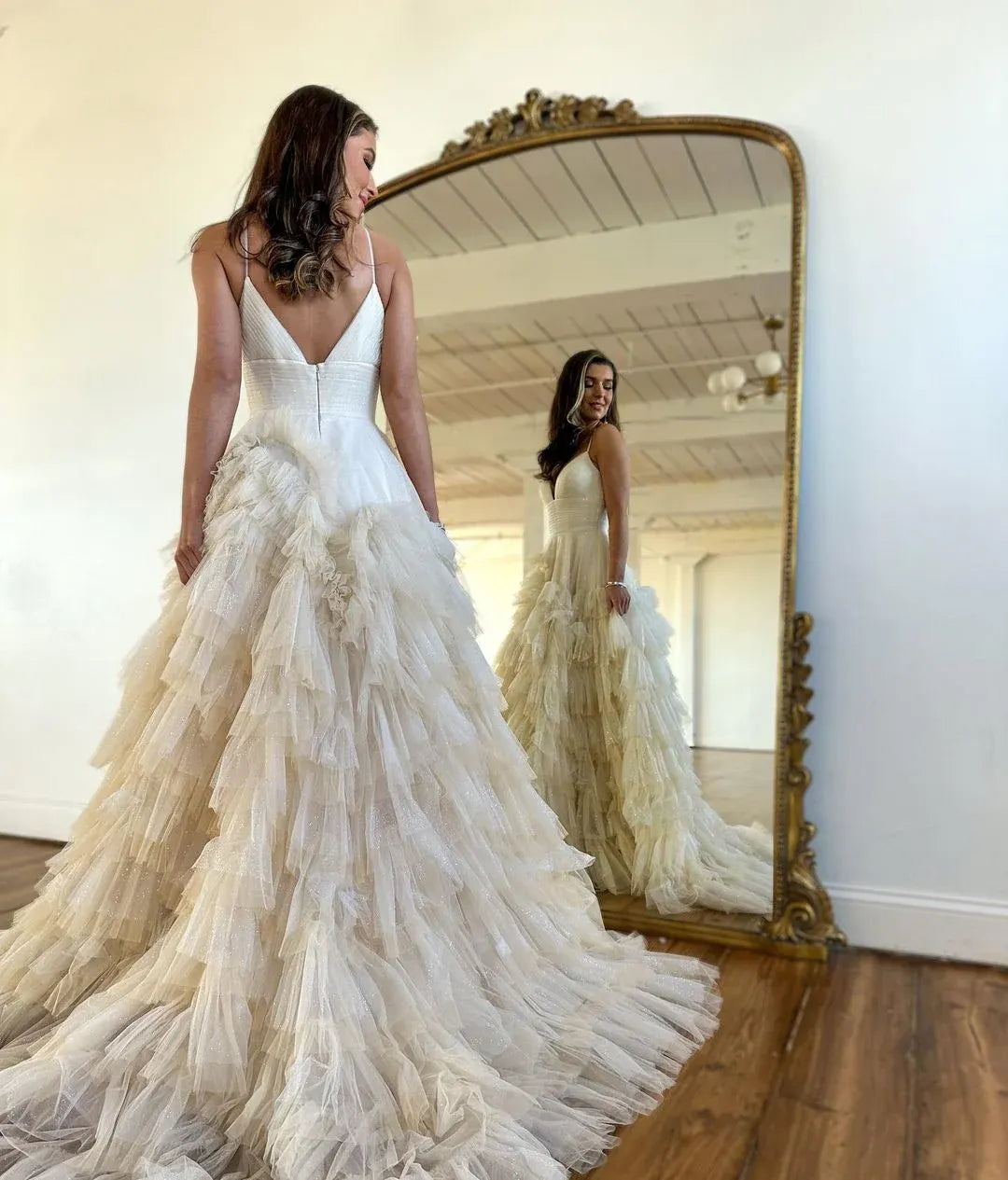 Tiered Ruffled Ball Gown Deep V Neck Spaghetti Strap Glitter Tulle Open Back Floor Length Prom Evening Gown
