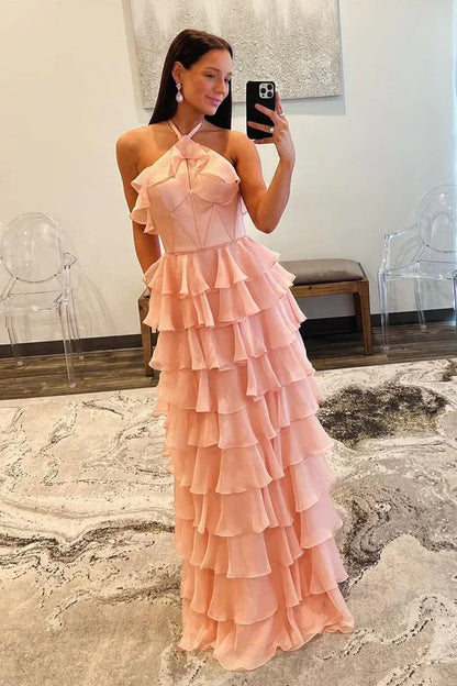 Tiered Ruffled Halter Neck Boned Corset Chiffon Floor Length Prom Evening Gown