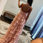 Tiered Ruffled Halter Neck Boned Corset Chiffon Floor Length Prom Evening Gown