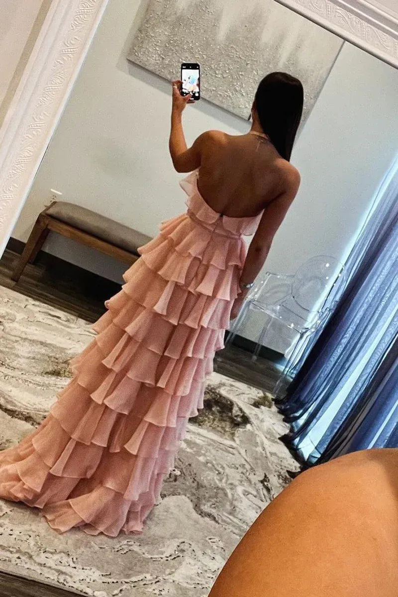 Tiered Ruffled Halter Neck Boned Corset Chiffon Floor Length Prom Evening Gown