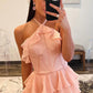 Tiered Ruffled Halter Neck Boned Corset Chiffon Floor Length Prom Evening Gown