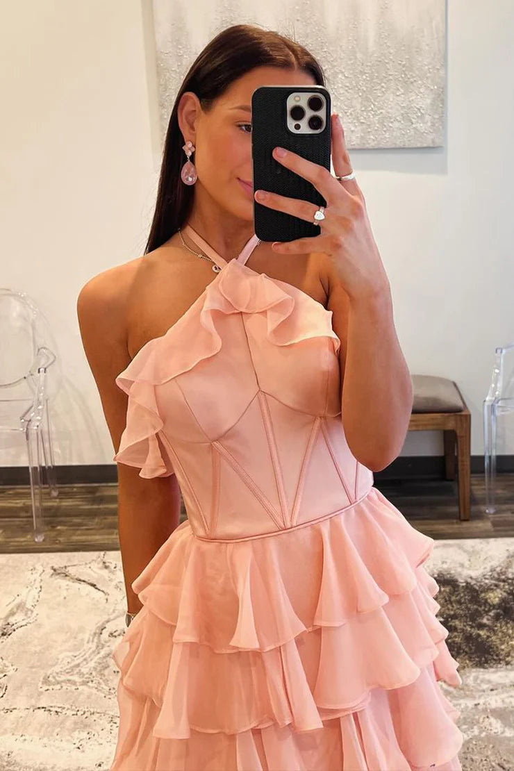 Tiered Ruffled Halter Neck Boned Corset Chiffon Floor Length Prom Evening Gown