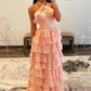 Tiered Ruffled Halter Neck Boned Corset Chiffon Floor Length Prom Evening Gown