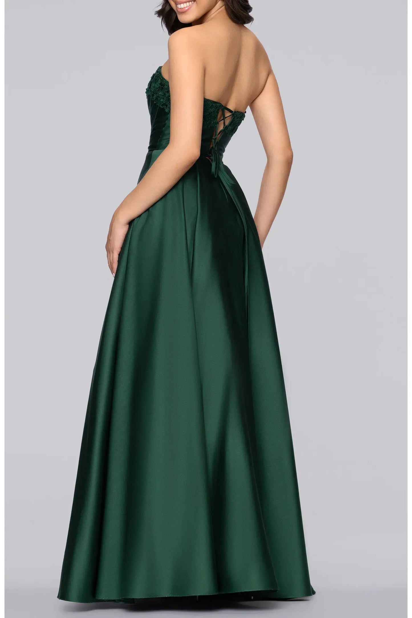 Voluminous A-line Strapless Lace Trim Lace Up Pocket Floor Prom Dress