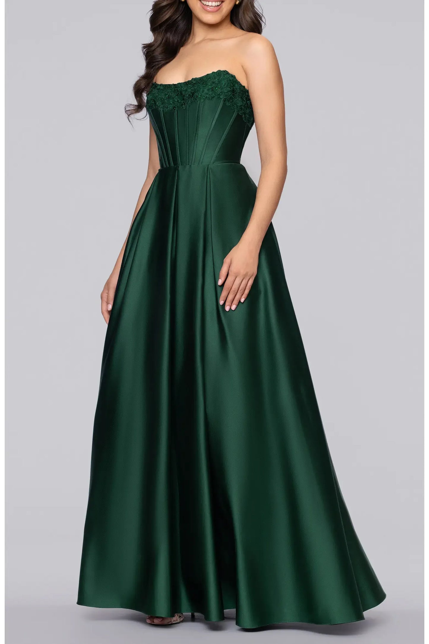 Voluminous A-line Strapless Lace Trim Lace Up Pocket Floor Prom Dress