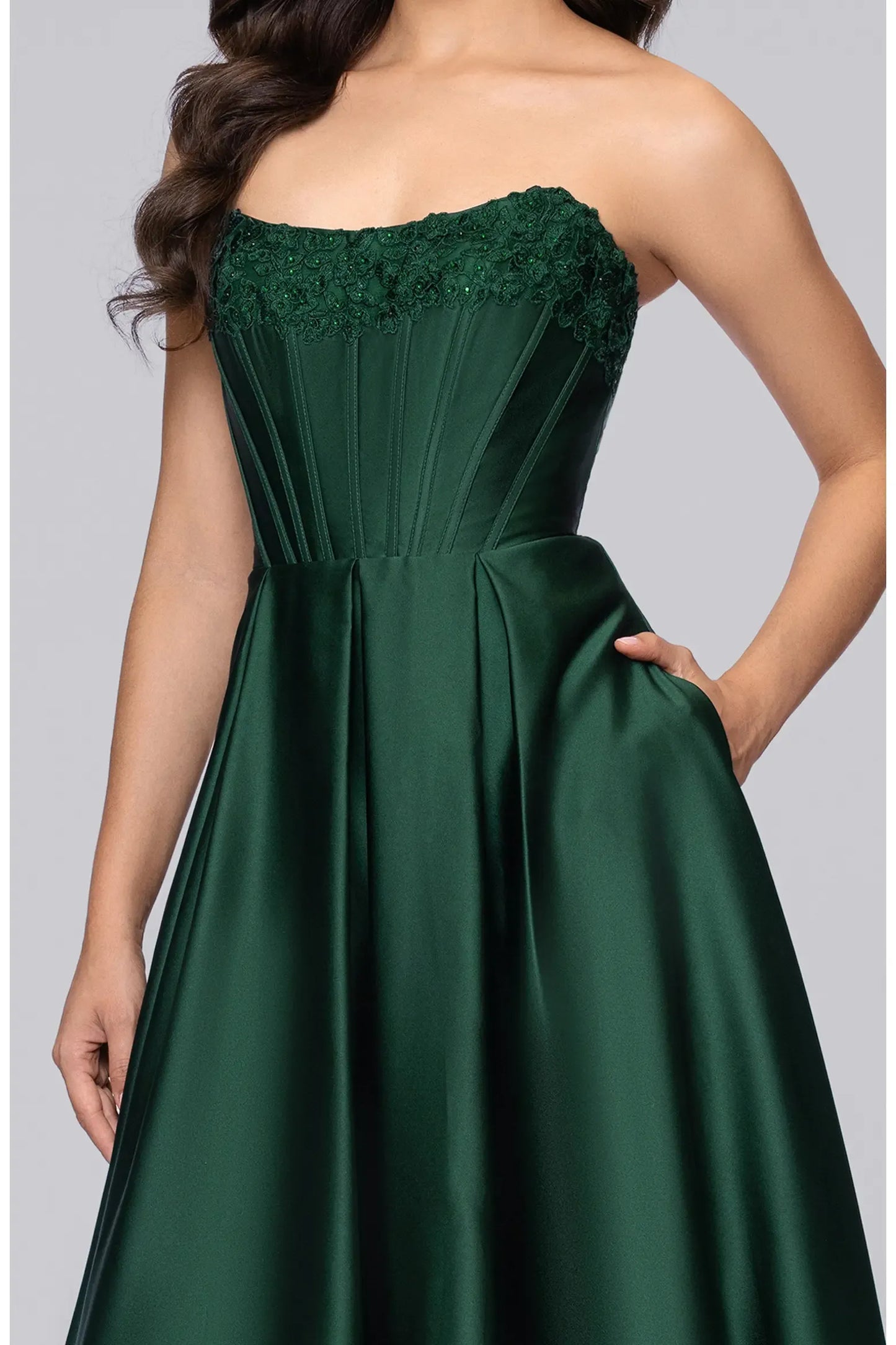 Voluminous A-line Strapless Lace Trim Lace Up Pocket Floor Prom Dress