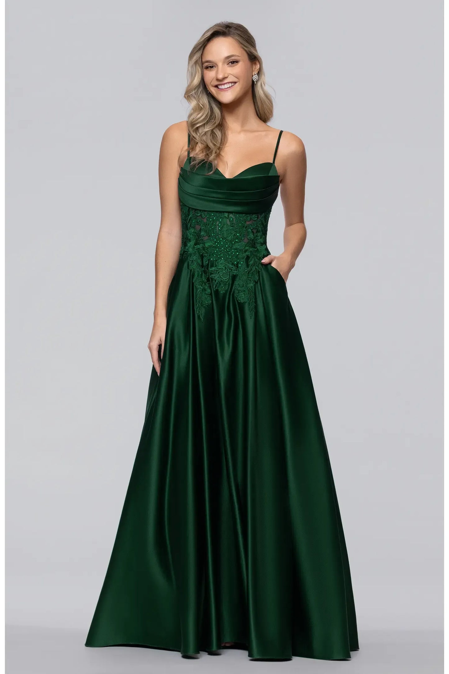 Voluminous A-line Fold V Spaghetti Strap Lace Up Pocket Floor Prom Dress