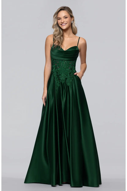 Voluminous A-line Fold V Spaghetti Strap Lace Up Pocket Floor Prom Dress