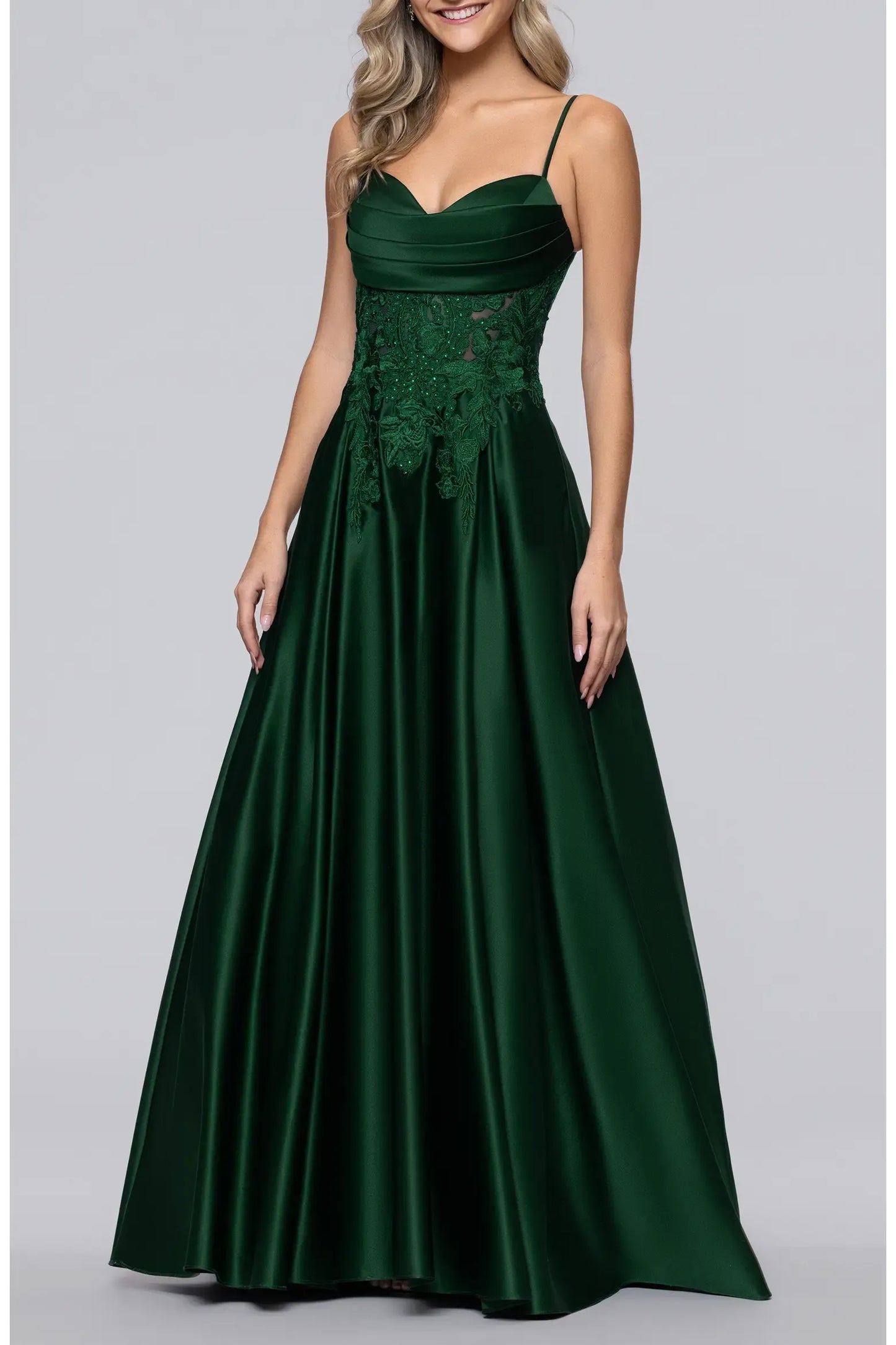 Voluminous A-line Fold V Spaghetti Strap Lace Up Pocket Floor Prom Dress