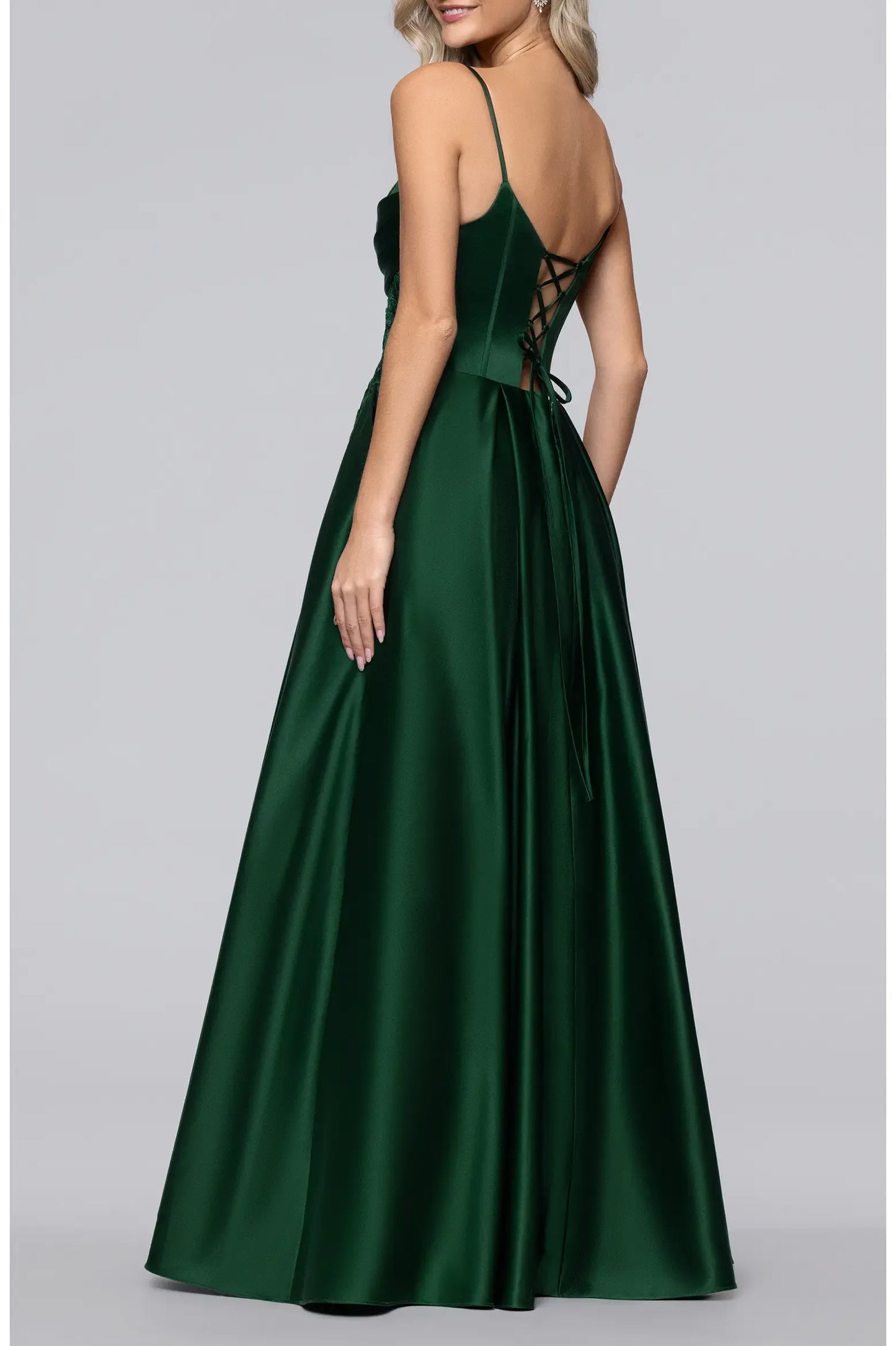 Voluminous A-line Fold V Spaghetti Strap Lace Up Pocket Floor Prom Dress