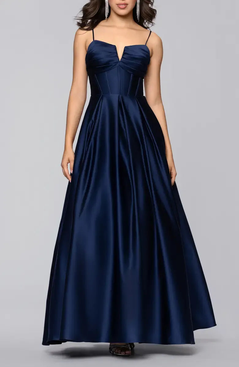 Voluminous A-line Twist Spaghetti Strap Lace Up Pocket Floor Prom Dress