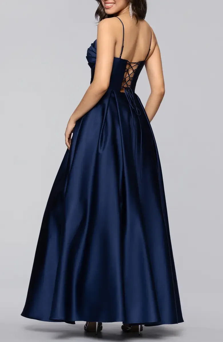 Voluminous A-line Twist Spaghetti Strap Lace Up Pocket Floor Prom Dress