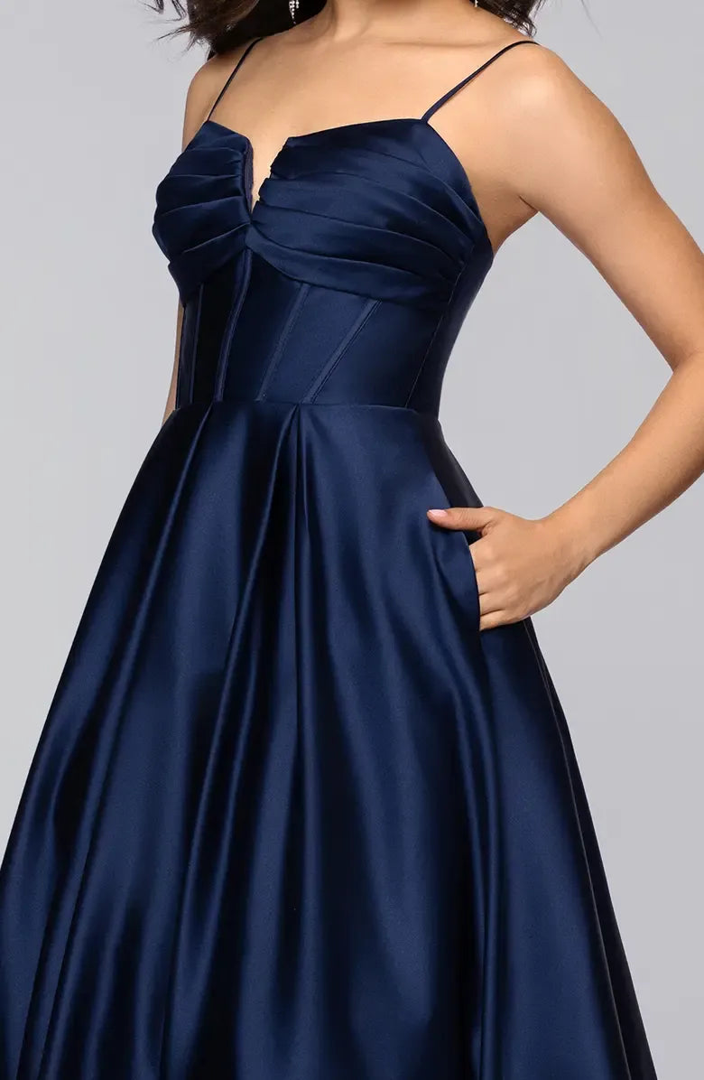 Voluminous A-line Twist Spaghetti Strap Lace Up Pocket Floor Prom Dress