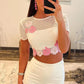 White Two Piece Mermaid Prom Dress with Pink Floral Lace Crop Top & Short Sleeves