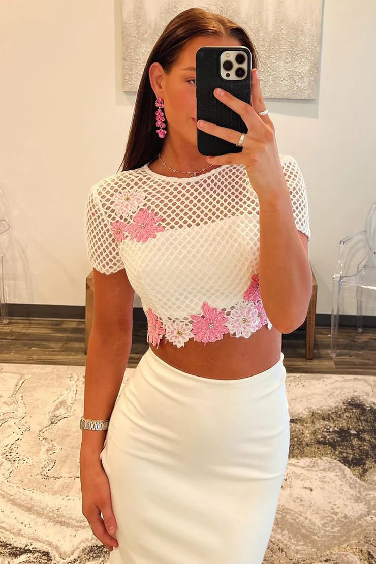 White Two Piece Mermaid Prom Dress with Pink Floral Lace Crop Top & Short Sleeves