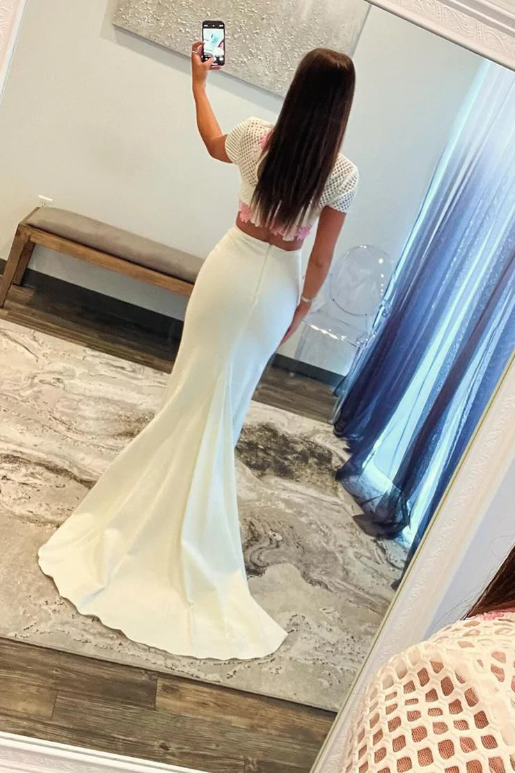 White Two Piece Mermaid Prom Dress with Pink Floral Lace Crop Top & Short Sleeves