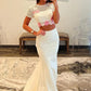 White Two Piece Mermaid Prom Dress with Pink Floral Lace Crop Top & Short Sleeves