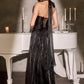 A-Line Halter Sleeveless Pleated Metallic Floor-Length High-Slit Lace-Up Evening Dress