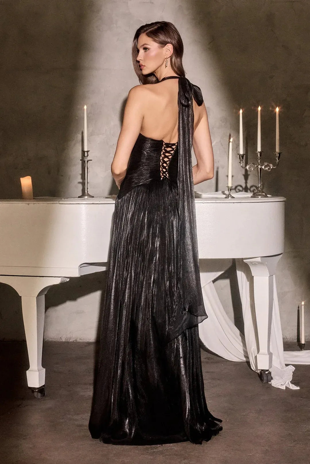 A-Line Halter Sleeveless Pleated Metallic Floor-Length High-Slit Lace-Up Evening Dress